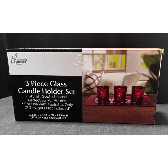 Red Glass Tealight Holder Set With Tray & Decorative Stones 3pc Holiday Festive - Picture 7 of 7